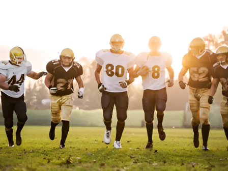 A group of seven football players run across a grassy field at sunset, wearing helmets and numbered jerseys.