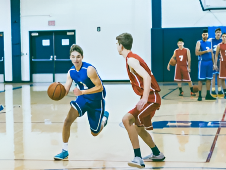 Two basketball players in blue and red uniforms sprint past a defender during a game, while teammates watch from the court corner.