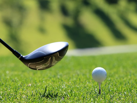 A golf club about to hit a white ball on a grassy tee, with a sunny, green backdrop.