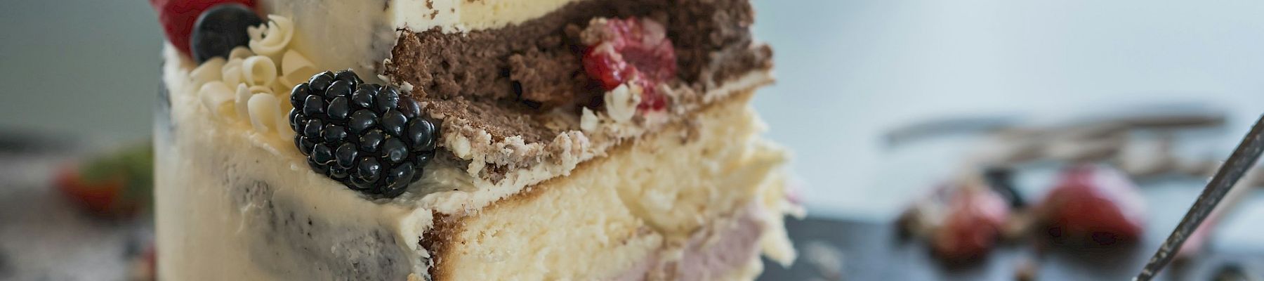 A tall layered cake with vanilla frosting, berry topping, and crumbs scattered nearby on a dark surface, with plates in the background.